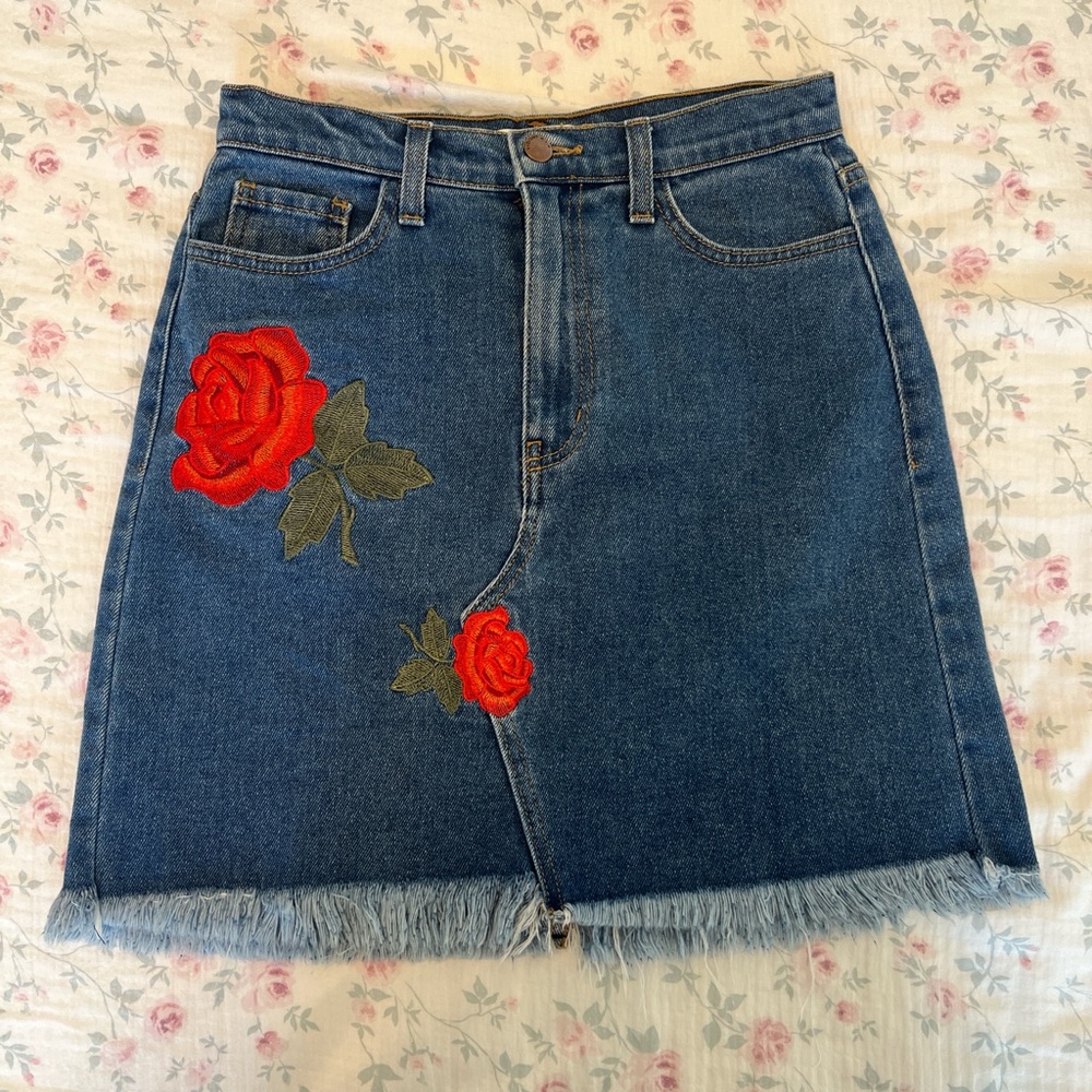 Vibrant Blue Denim Mini Skirt with Red Floral Accents